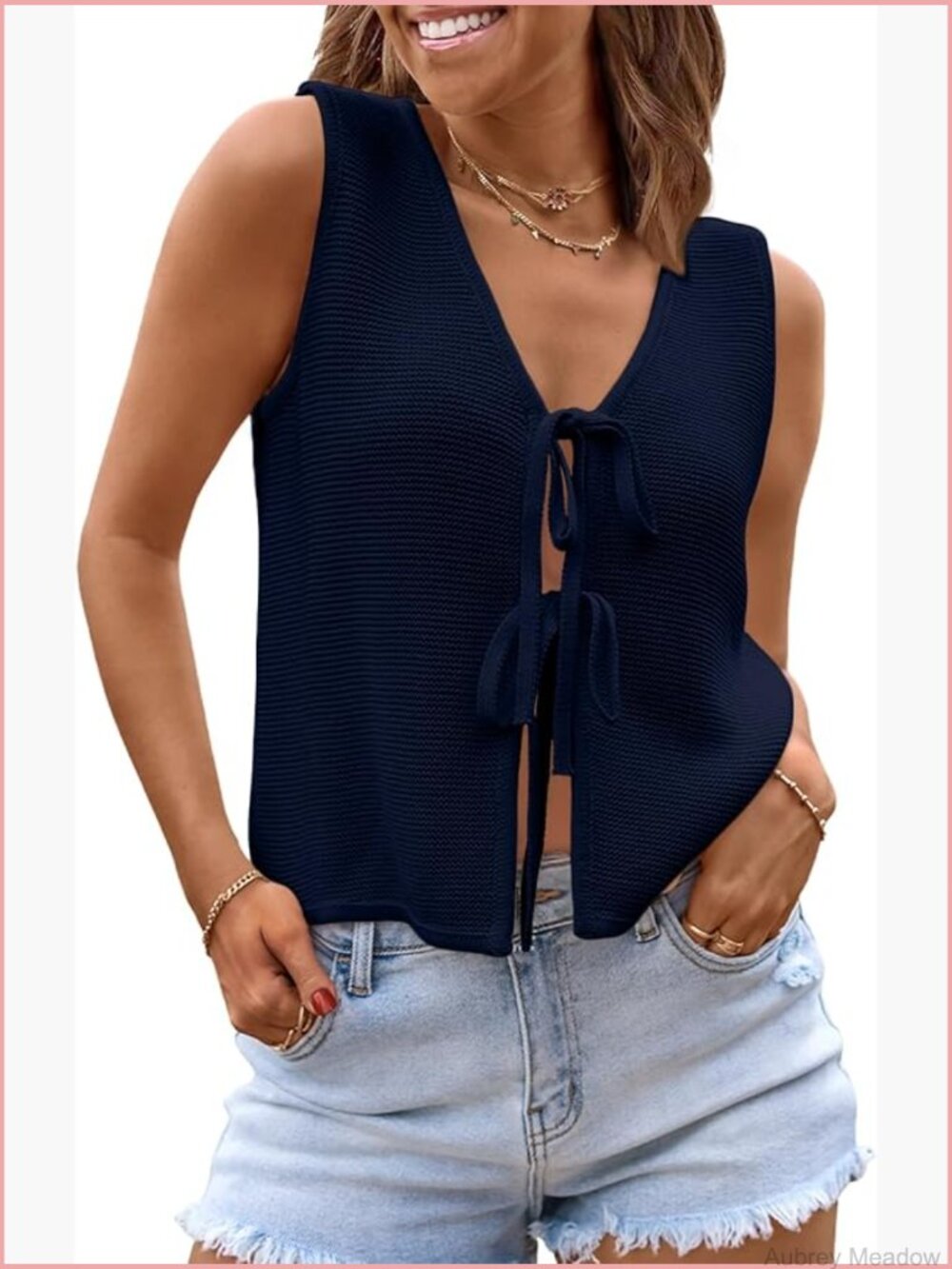 Crochet Sleeveless V-Neck Tie Front Sweater Vest Summer Top